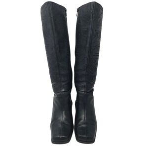 Y2K Chicos Branelli Boots Women 8 Black Leather Embroidered Knee High Block Heel